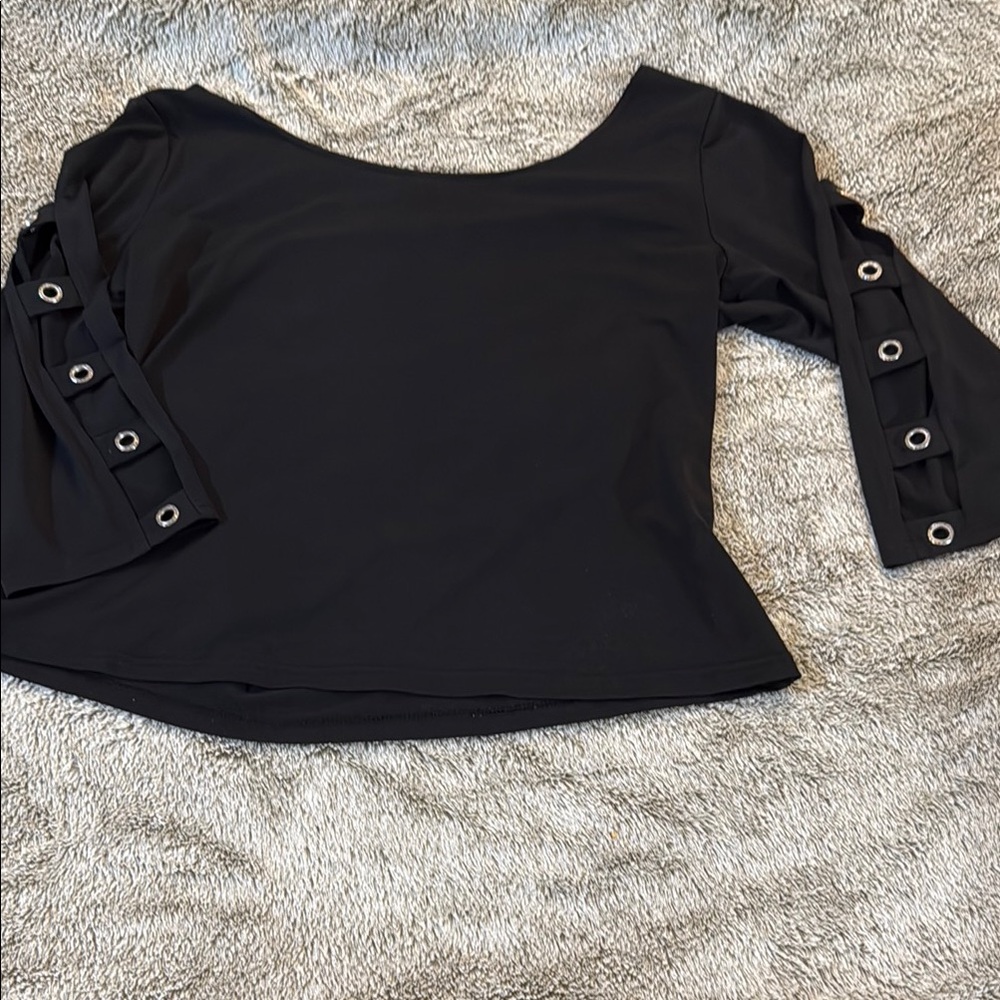 Black Asymmetrical 3/4 Sleeve Blouse with Buttoned Detail